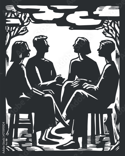 A silhouette of four people engaged in conversation surrounded by trees and clouds.