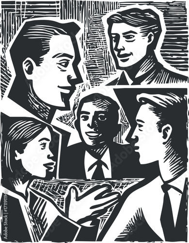 Illustration depicting a group of professionals engaged in a dynamic conversation and collaboration.