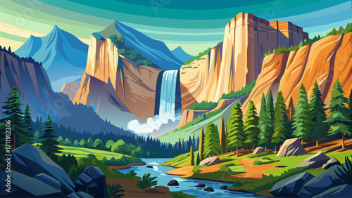 Yosemite Falls in California’s Yosemite National Park, tall cascading waterfall flowing down giant granite cliffs, surrounded by pine forests and clear blue sky, symbol of American wilderness