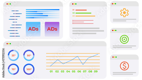 Vector illustration. Ad stats and performance charts show how digital marketing helps track results and move capital in real time. Concept of business, stock market, investment, exchange, capital.