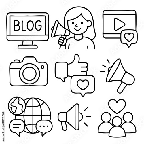 Blog and Marketing Icon Set, Social Media and Communication Illustration, Isolated Background. Online Promotion and Content Graphic Design