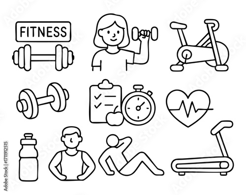 Fitness and Workout Icon Set, Gym and Health Management Illustration, Isolated Background. Training and Lifestyle Graphic Design