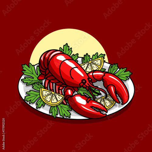 A delicious main course of lobster with vegetables and lemon slices served on a white plate on dark red background. Perfect for celebrating National Lobster Day on September 25th.