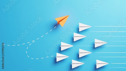 Wallpaper Mural A single yellow paper airplane leading a group of white paper airplanes against a blue backdrop symbolizing leadership. Torontodigital.ca