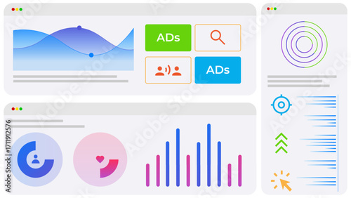 Vector illustration. Charts and financial windows show rising trends, exchange spikes, and real-time capital changes across platforms. Concept of business, stock market, investment, exchange.