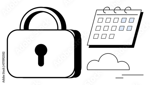 Padlock symbolizing security, calendar for scheduling, and cloud for storage. Ideal for privacy, cloud computing, cybersecurity, organization, scheduling online data safety digital security. Simple