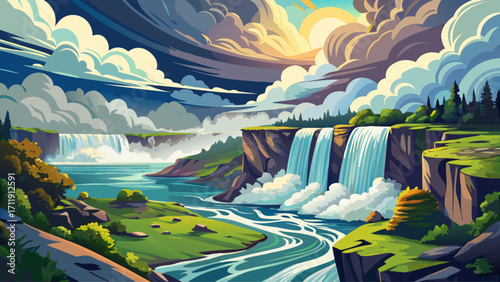 Niagara Falls with massive streams of water crashing down into the river, mist rising high into the air, surrounded by lush greenery and dramatic clouds