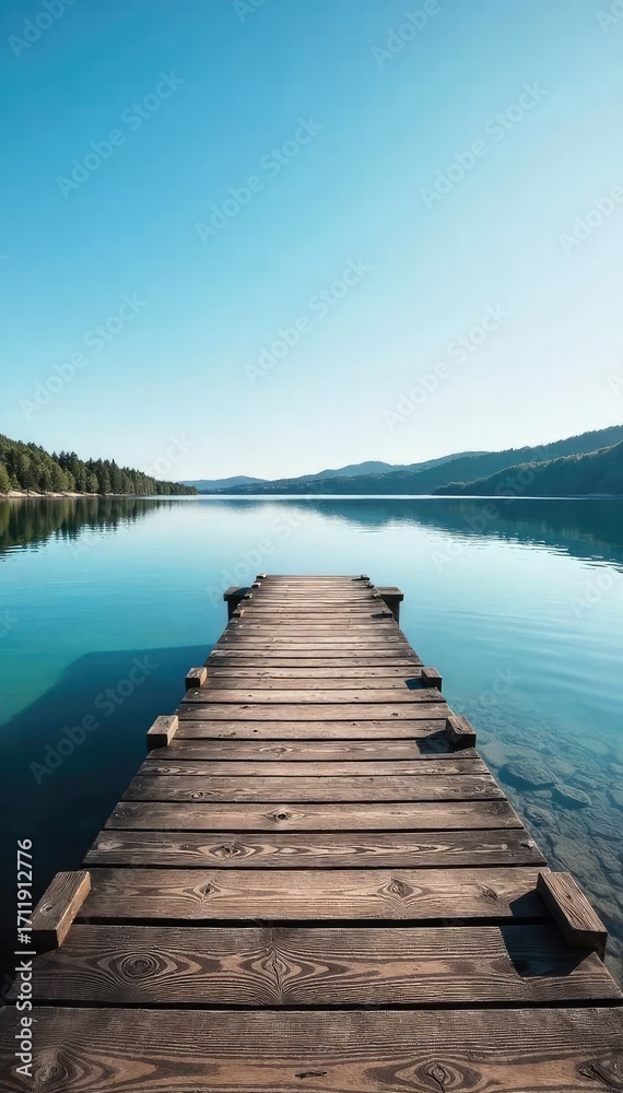 Obraz premium Tranquil scene of a wooden dock extending into calm water, the shore gently sloping into the lake Perfect for relaxation, travel, and nature themes , calm, sunset