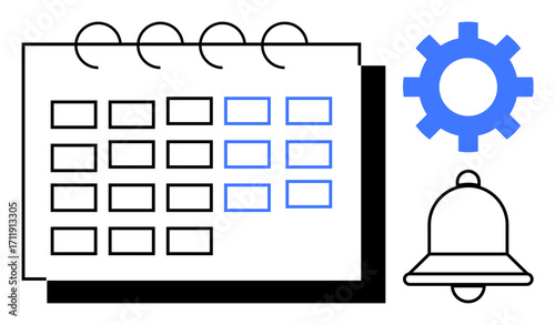 Calendar with highlighted dates, bell symbol for reminders, and gear for customization. Ideal for scheduling, planning, productivity, workflow, organization alerts and time tracking. Simple flat