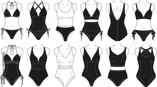 Modern Women's Swimwear Silhouettes – Fashionable Bikini and One-Piece Styles for Summer, Beachwear, Retail, Apparel Design, and Trend Forecasting