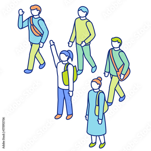 Isometric character illustration set. A group walking in one direction.