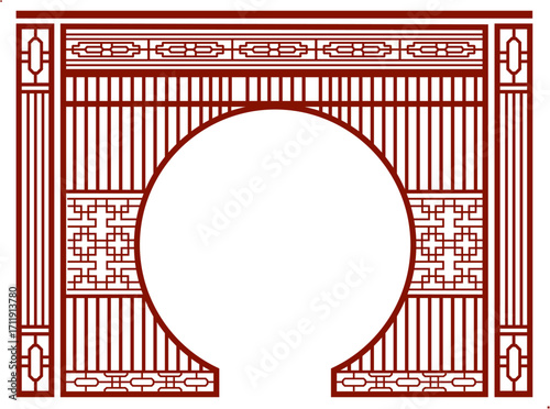 Traditional Chinese Moon Gate Frame Vector with Vertical Lattice Window Pattern, Oriental Round Arch Border Design for Asian Architecture, Feng Shui Doorway, and Cultural Interior Decoration