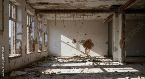 Interior of a Ruined Building with Bullet Holes and Crumbling Walls and Abundant Natural Light in a Post War Landscape