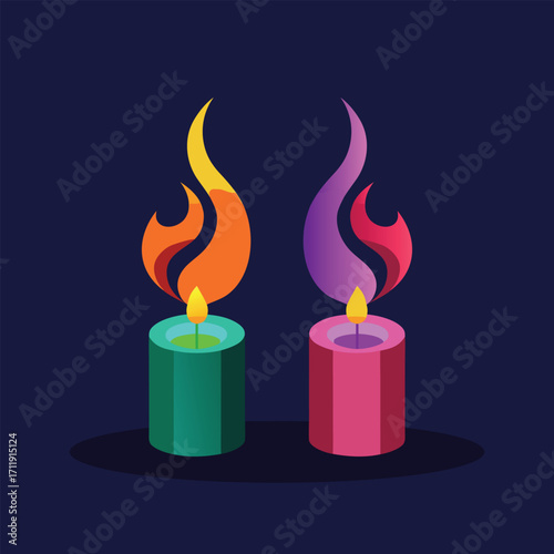 Two colorful candles with stylized flames on dark background