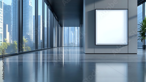 Modern empty office corridor with panoramic windows, blank white square poster mockup on gray wall, and reflective floor. City skyscrapers view outside.