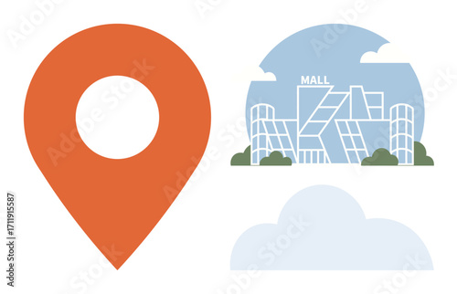 Orange location pin beside geometric mall building with trees and soft cloud. Ideal for navigation, retail, shopping, urban planning, travel, real estate, and digital maps. Clean and simple flat