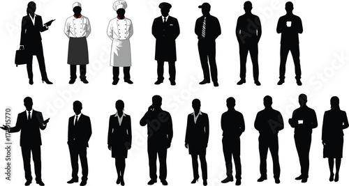 Professional Occupation Silhouettes in Business and Casual Attire – Diverse Career Roles, Office Workers, Chefs, Fashion Styles, Vector Illustration Set