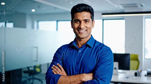 Confident young businessman smiling in bright modern office, ready for a successful presentation