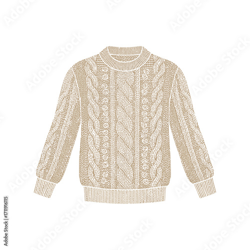 Cream-Colored Cable Knit Sweater with Mock Neck and Ribbed Cuffs.