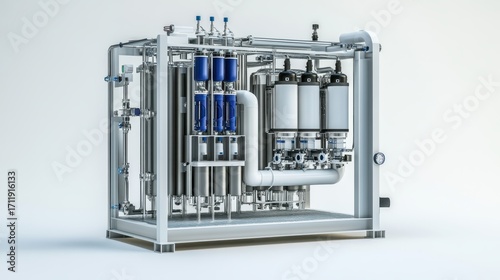 Water purification – Cutaway 3D advanced water purification system with transparent piping, filtration chambers, and UV disinfection units.