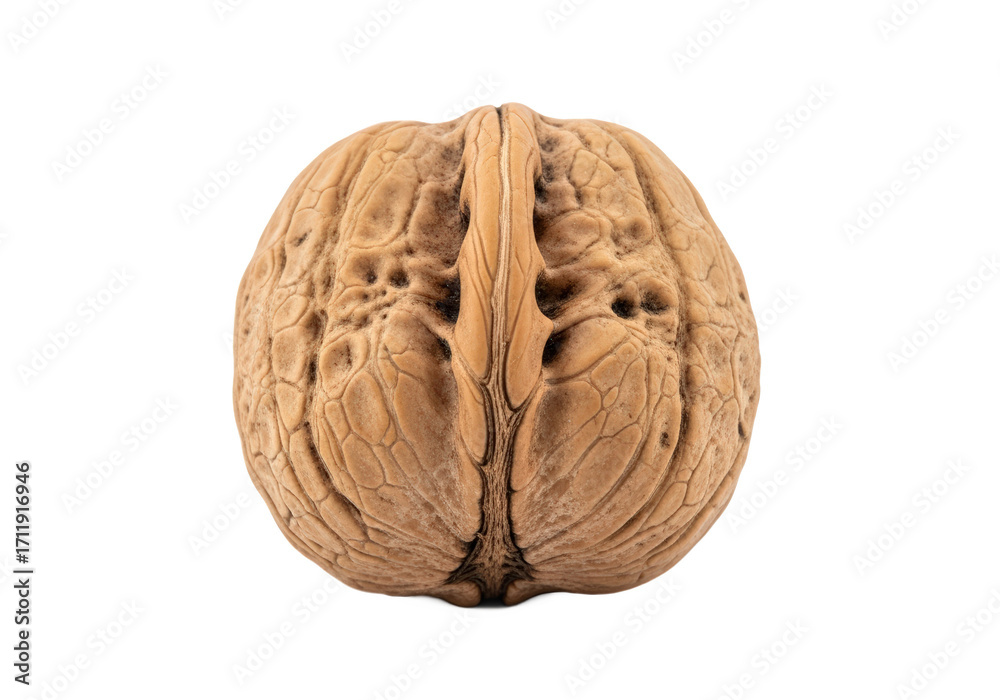 Fototapeta premium Close-up of a detailed walnut shell showcasing intricate textures and patterns against a plain background