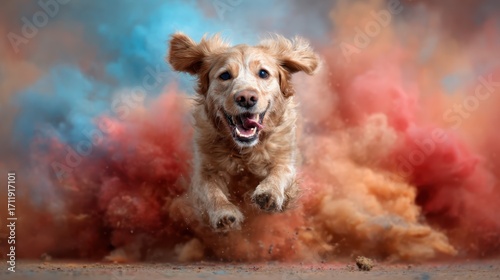 A joyful golden retriever leaps through vibrant clouds of colored powder, capturing a moment of pure happiness and energy amidst an artistic explosion of color.