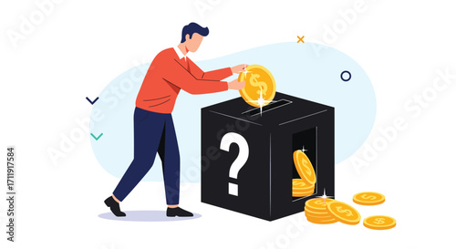A person puts money into a donation box with a question mark.