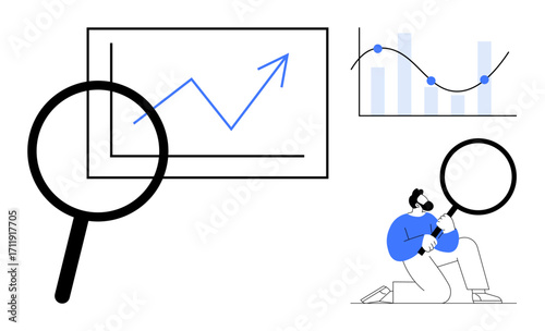 Man using magnifying glass to evaluate rising graph and data charts. Ideal for business analysis, data research, growth monitoring, market trends, investment strategy, problem-solving, simple flat