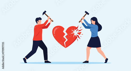 Couple smashes a broken heart with hammers depicting relationship conflict.