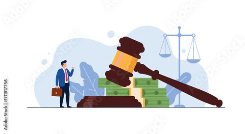 Gavel and money symbolize financial legal justice and fair trade.