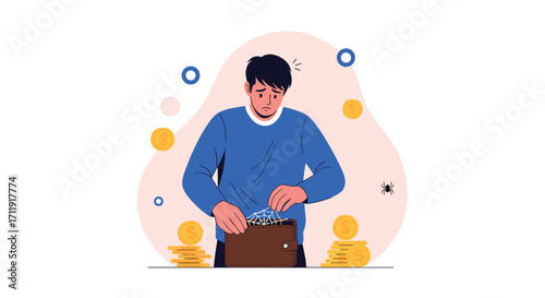 Man struggling to find coins in his wallet with scattered money around him.