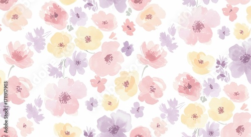 Watercolor Floral Pattern: Pastel Flowers on White Background.