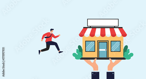 A businessman running towards a shop held by hands.