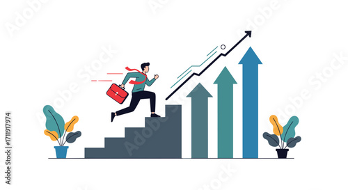 Man climbing stairs with graph showing upward growth and success.