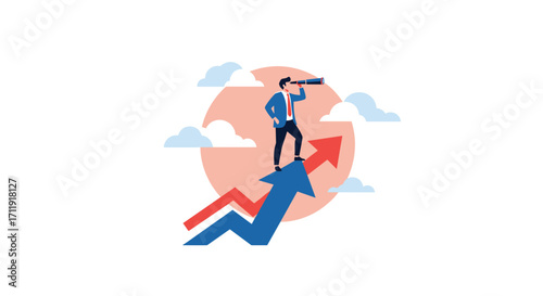 A businessman with a telescope stands on an upward trend arrow watching the future.