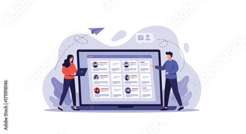 People interacting with a digital interface displaying profiles and data points.
