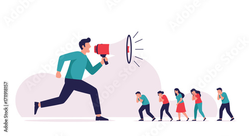 Man shouting through a megaphone at a line of scared people.