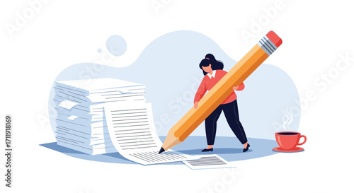 A woman writes a long document with a giant pencil near a stack of paper and a coffee cup.