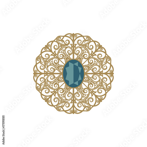 Elegant Gold Brooch with Oval Blue Gemstone, Intricate Filigree Design.