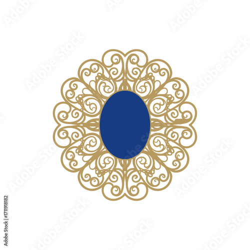 Elegant Gold Filigree Design with a Central Blue Oval Jewel.