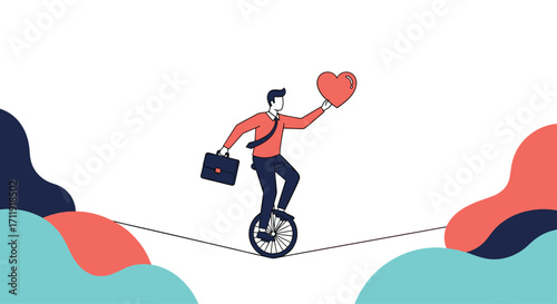 A person on a unicycle balances a briefcase and a heart while walking a tightrope.