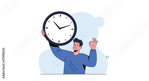 A man is holding a big clock and showing OK gesture.
