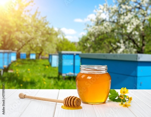 Jar of honey on white wooden table, blue bee hives in sunny summer garden.

