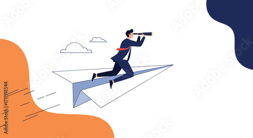 Businessman flying on a paper airplane with binoculars looking ahead.