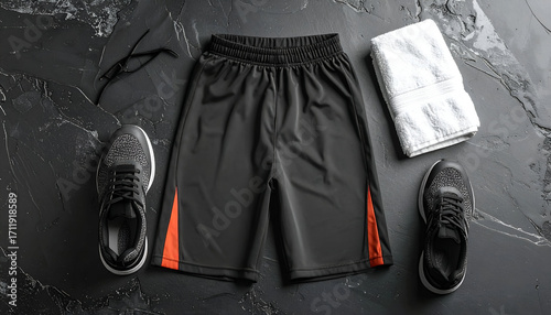 Workout essentials - sneakers, shorts, and towel on dark background.