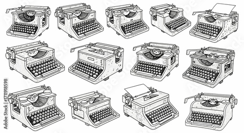 A comprehensive collection of hand drawn vintage typewriter illustrations, showcasing various retro mechanical writing machines in a detailed sketch style