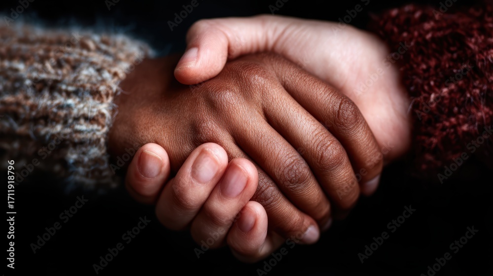 Fototapeta premium An intimate image showing two hands of different skin tones clasped together, symbolizing unity, diversity, support, and connection amidst a warm, soft background.
