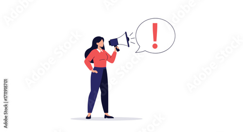 Woman with megaphone announcing an important alert with an exclamation mark.