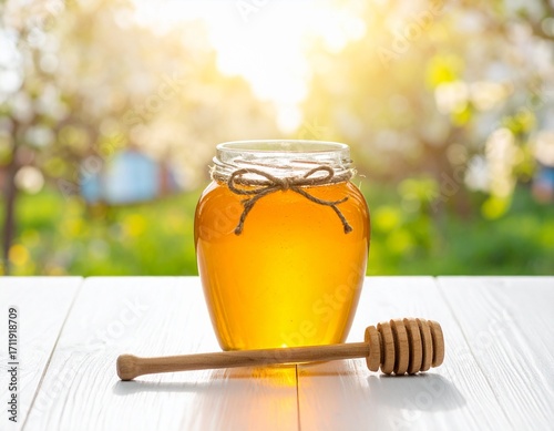 Jar of honey with twine on white wooden table, blue bee hives in sunny summer garden.
