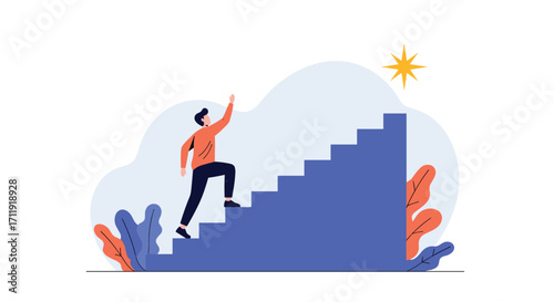 A person climbs up stairs towards success and achievement.